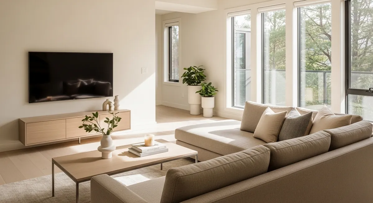 Clean, modern living room interior with natural light
